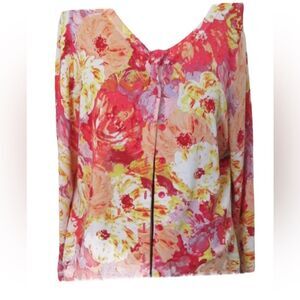 Charter Club Peach and Coral Tones Floral Cardigan Sweater Size L